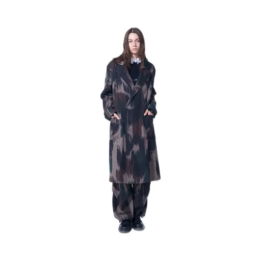 Camouflage Tweed Double-Breasted Snap Button Long Coat