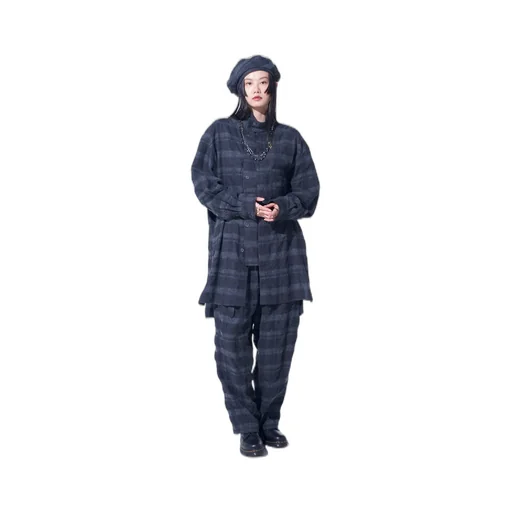 Fulling Finished Shadow Check Multi-Buttoned Sleeves Stand Collar Shirt