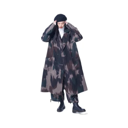 Camouflage Tweed Double-Breasted Snap Button Long Coat