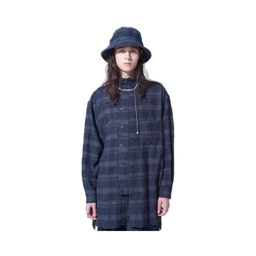 Fulling Finished Shadow Check Multi-Buttoned Sleeves Stand Collar Shirt