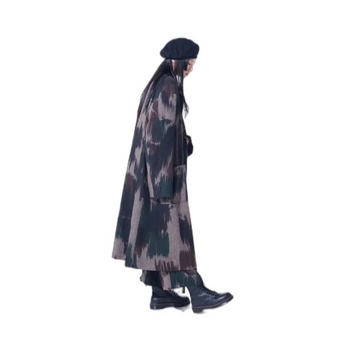 Camouflage Tweed Double-Breasted Snap Button Long Coat