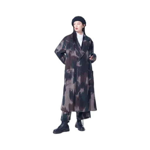 Camouflage Tweed Double-Breasted Snap Button Long Coat