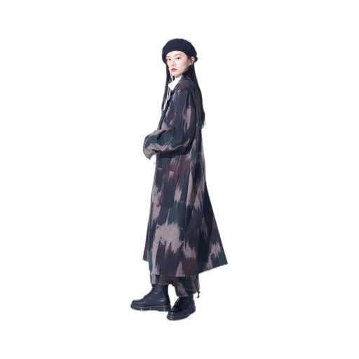 Camouflage Tweed Double-Breasted Snap Button Long Coat