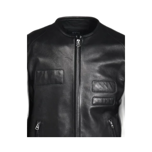 Semi-Vegetable Tanned Sheep Leather Collarless Motorcycle Jacket