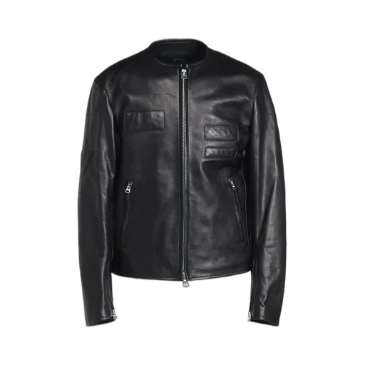 Semi-Vegetable Tanned Sheep Leather Collarless Motorcycle Jacket