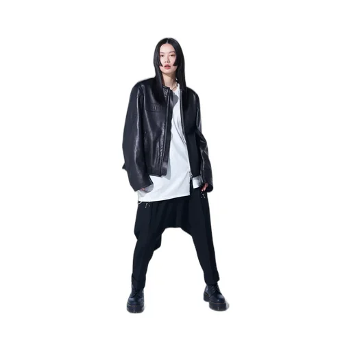 Semi-Vegetable Tanned Sheep Leather Collarless Motorcycle Jacket