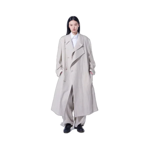 Linen Gauze Double-Breasted Coat With Double-Tailored Left Front