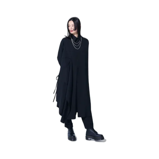 Washer Finished Wool Gabardine Shirt Dress With Double-Tailored Right Front