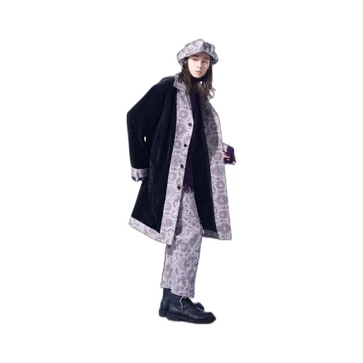 Velveteen Long Coat With Gobelins Jacquard Switched Design