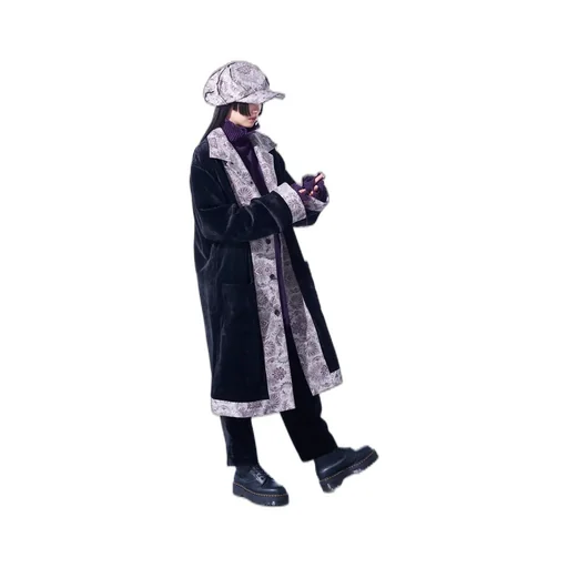 Velveteen Long Coat With Gobelins Jacquard Switched Design