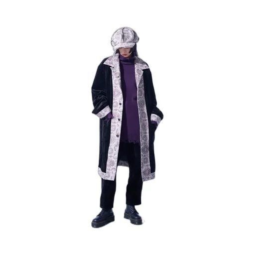 Velveteen Long Coat With Gobelins Jacquard Switched Design