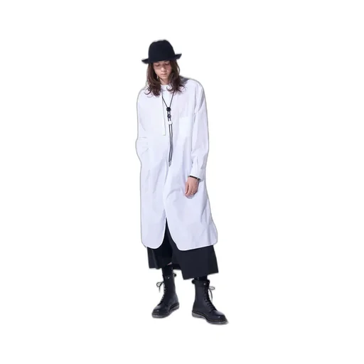 Cotton Broad Cloth Stand Collar Long Shirt With Rounded Hem
