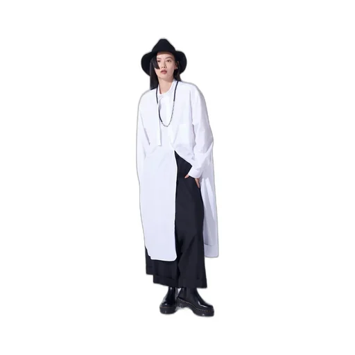 Cotton Broad Cloth Stand Collar Long Shirt With Rounded Hem