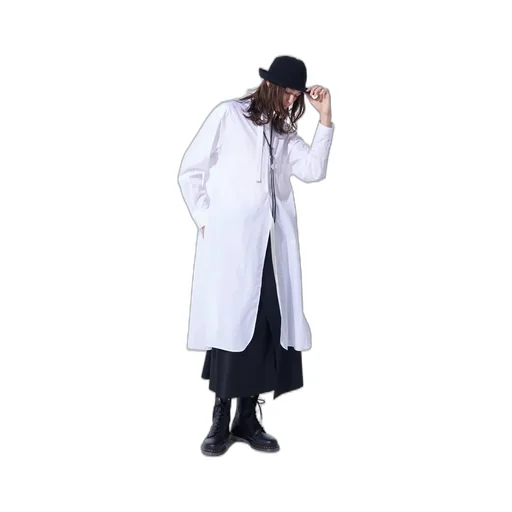 Cotton Broad Cloth Stand Collar Long Shirt With Rounded Hem