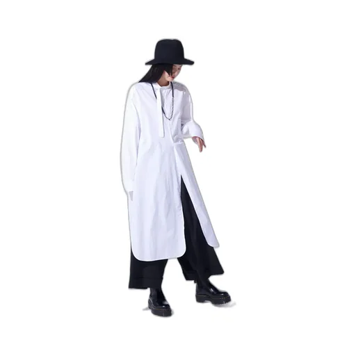 Cotton Broad Cloth Stand Collar Long Shirt With Rounded Hem