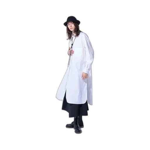 Cotton Broad Cloth Stand Collar Long Shirt With Rounded Hem