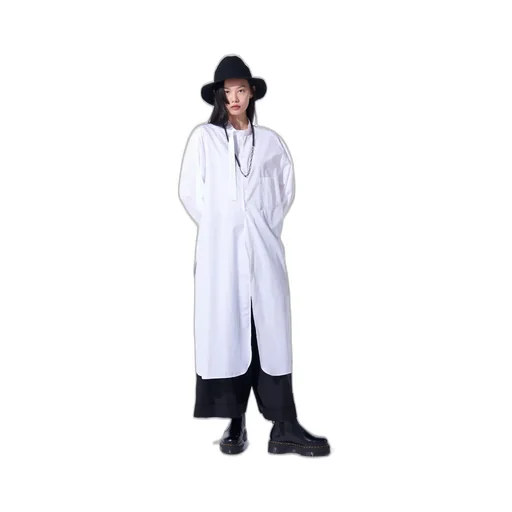 Cotton Broad Cloth Stand Collar Long Shirt With Rounded Hem