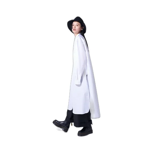 Cotton Broad Cloth Stand Collar Long Shirt With Rounded Hem