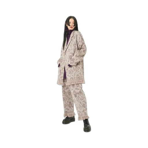 Gobelin-Style Jacquard 2-Tuck Tapered Pants With Fringe Hem Design