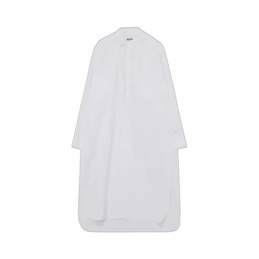 Cotton Broad Cloth Stand Collar Long Shirt With Rounded Hem
