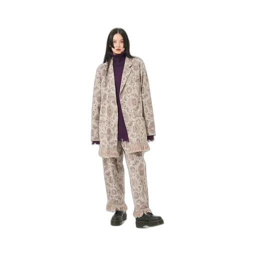 Gobelin-Style Jacquard 2-Tuck Tapered Pants With Fringe Hem Design