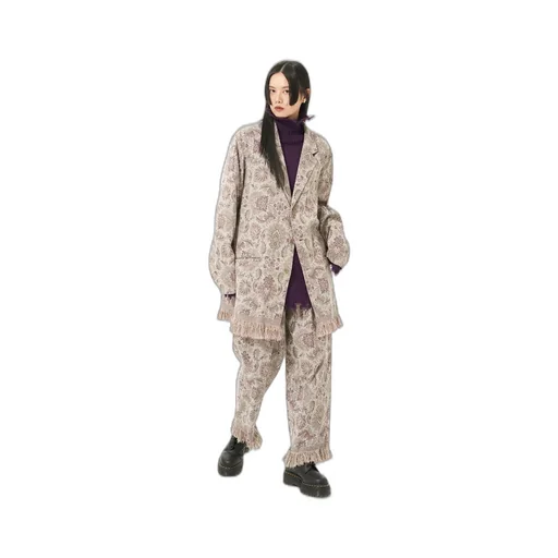 Gobelin-Style Jacquard 2-Tuck Tapered Pants With Fringe Hem Design