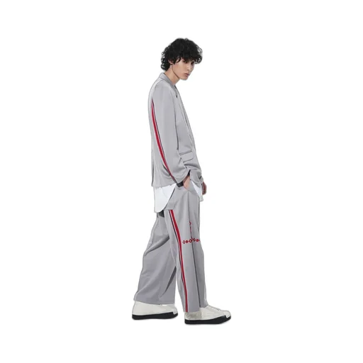Pe/Smooth Jersey Geometric Pattern Embroidery Tape Line Waist Drawstring Wide Pants
