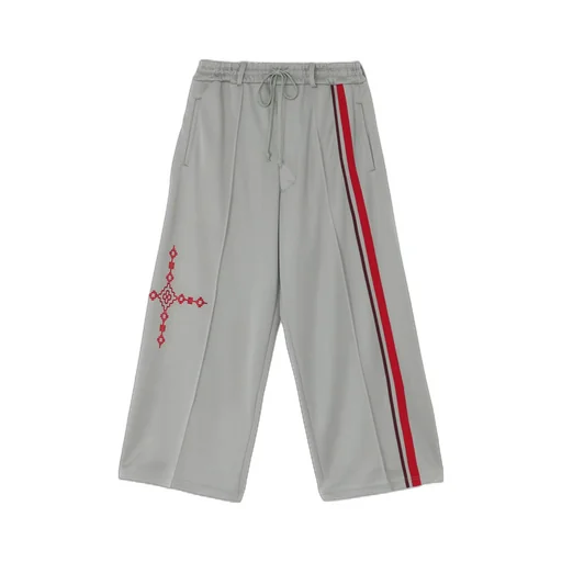 Pe/Smooth Jersey Geometric Pattern Embroidery Tape Line Waist Drawstring Wide Pants