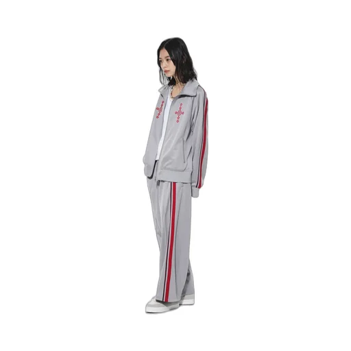 Pe/Smooth Jersey Geometric Pattern Embroidery Tape Line Waist Drawstring Wide Pants