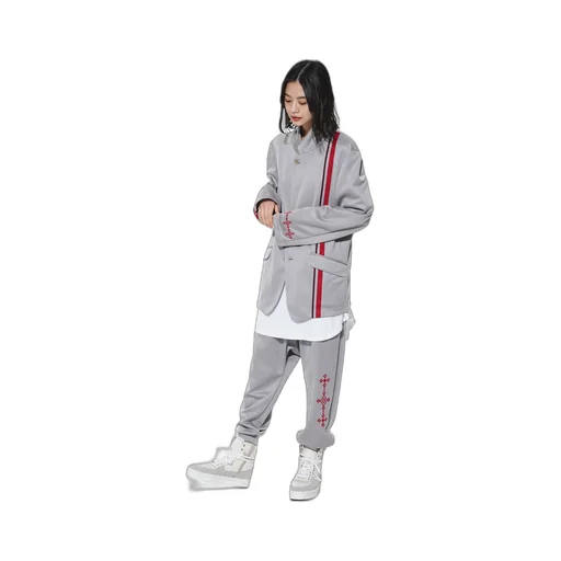 Pe/Smooth Jersey Geometric Pattern Embroidery Side Tape Line Sarouel Rib Pants