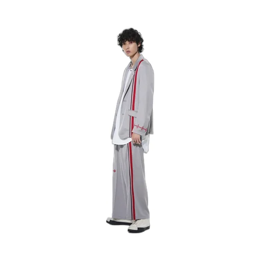 Pe/Smooth Jersey Geometric Pattern Embroidery Tape Line Waist Drawstring Wide Pants