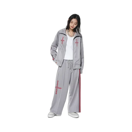 Pe/Smooth Jersey Geometric Pattern Embroidery Tape Line Waist Drawstring Wide Pants