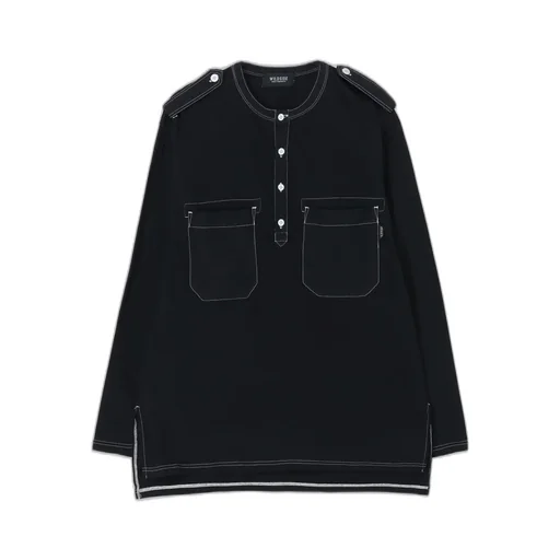 Cotton Jersey Shoulder Strap Henley Neck Long Sleeve T-Shirt
