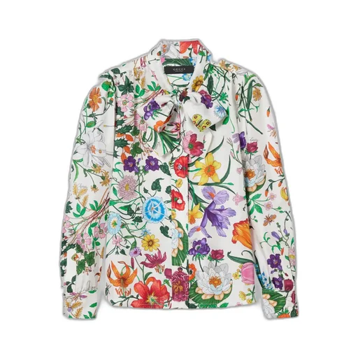 Printed Silk Twill Shirt With Bow