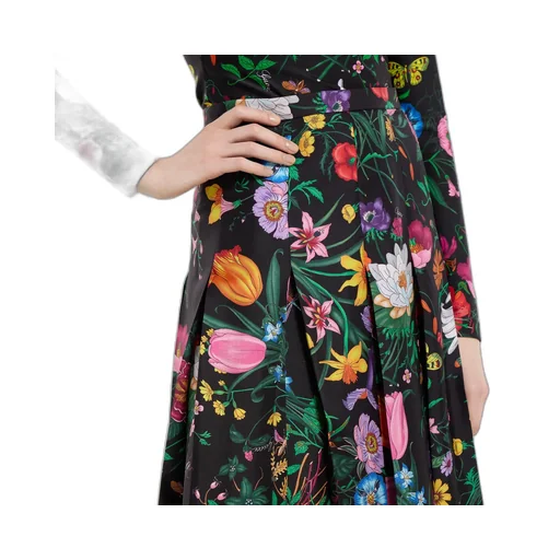 Printed Silk Twill Pleated Midi Skirt