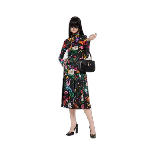 Printed Silk Twill Pleated Midi Skirt