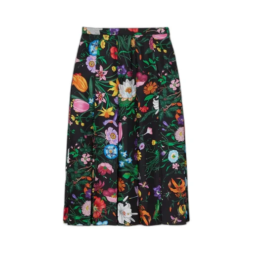 Printed Silk Twill Pleated Midi Skirt