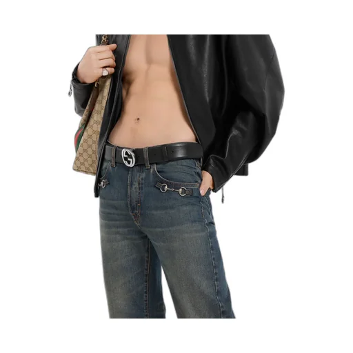 Cotton Denim Pants With Horsebit Detail