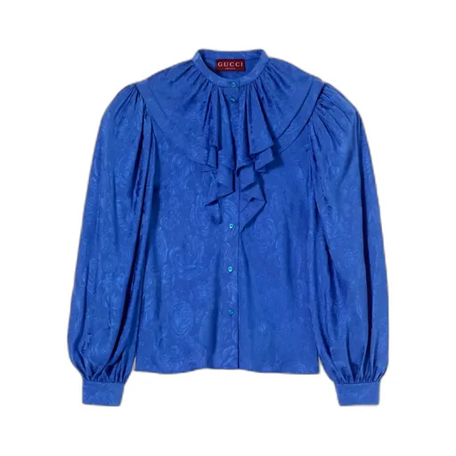 Silk Twill Jacquard Shirt With Ruffle Trim