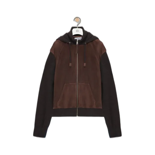 Hybrid Zip-Up Hoodie In Suede Goatskin And Wool Blend