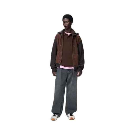 Hybrid Zip-Up Hoodie In Suede Goatskin And Wool Blend