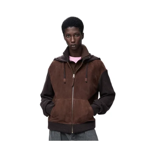 Hybrid Zip-Up Hoodie In Suede Goatskin And Wool Blend