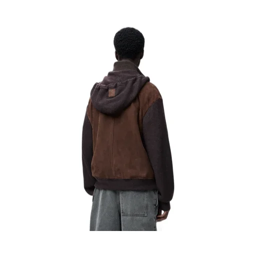 Hybrid Zip-Up Hoodie In Suede Goatskin And Wool Blend