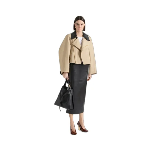 Cropped Peacoat With Leather Collar In Cotton And Wool