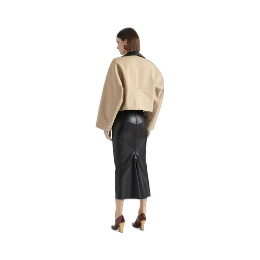 Cropped Peacoat With Leather Collar In Cotton And Wool