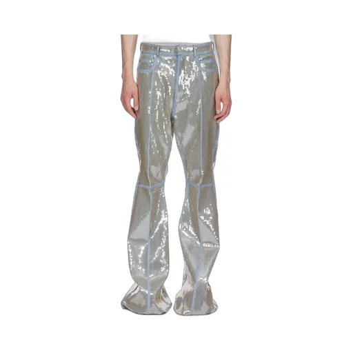 Rick Owens Temple Bolan Bootcut In Blue/Sand Sequin Embroidered Stretch Denim