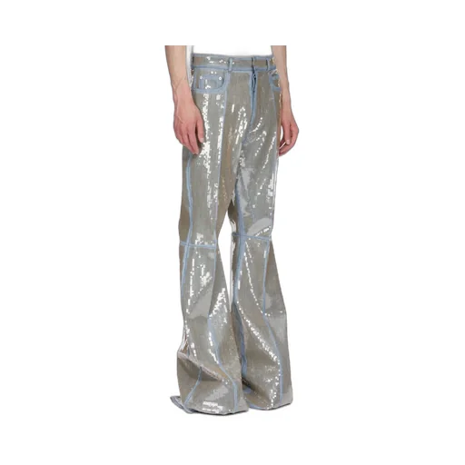 Rick Owens Temple Bolan Bootcut In Blue/Sand Sequin Embroidered Stretch Denim