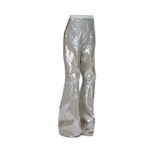 Rick Owens Temple Bolan Bootcut In Blue/Sand Sequin Embroidered Stretch Denim