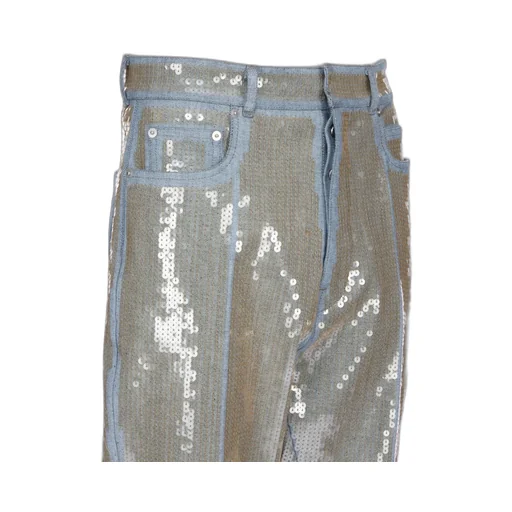 Rick Owens Temple Bolan Bootcut In Blue/Sand Sequin Embroidered Stretch Denim