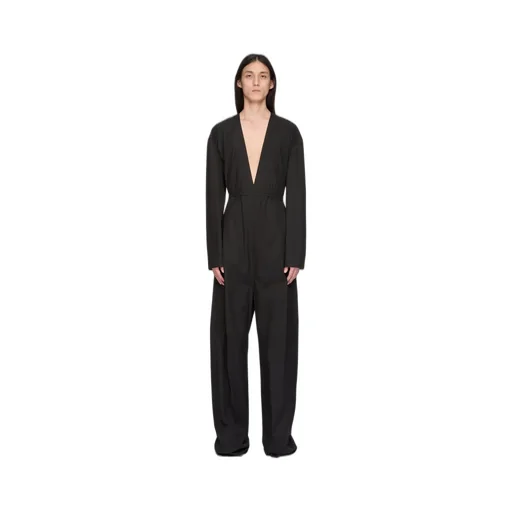 Rick Owens Temple Ls Long Jumpsuit In Black Heavy Poplin